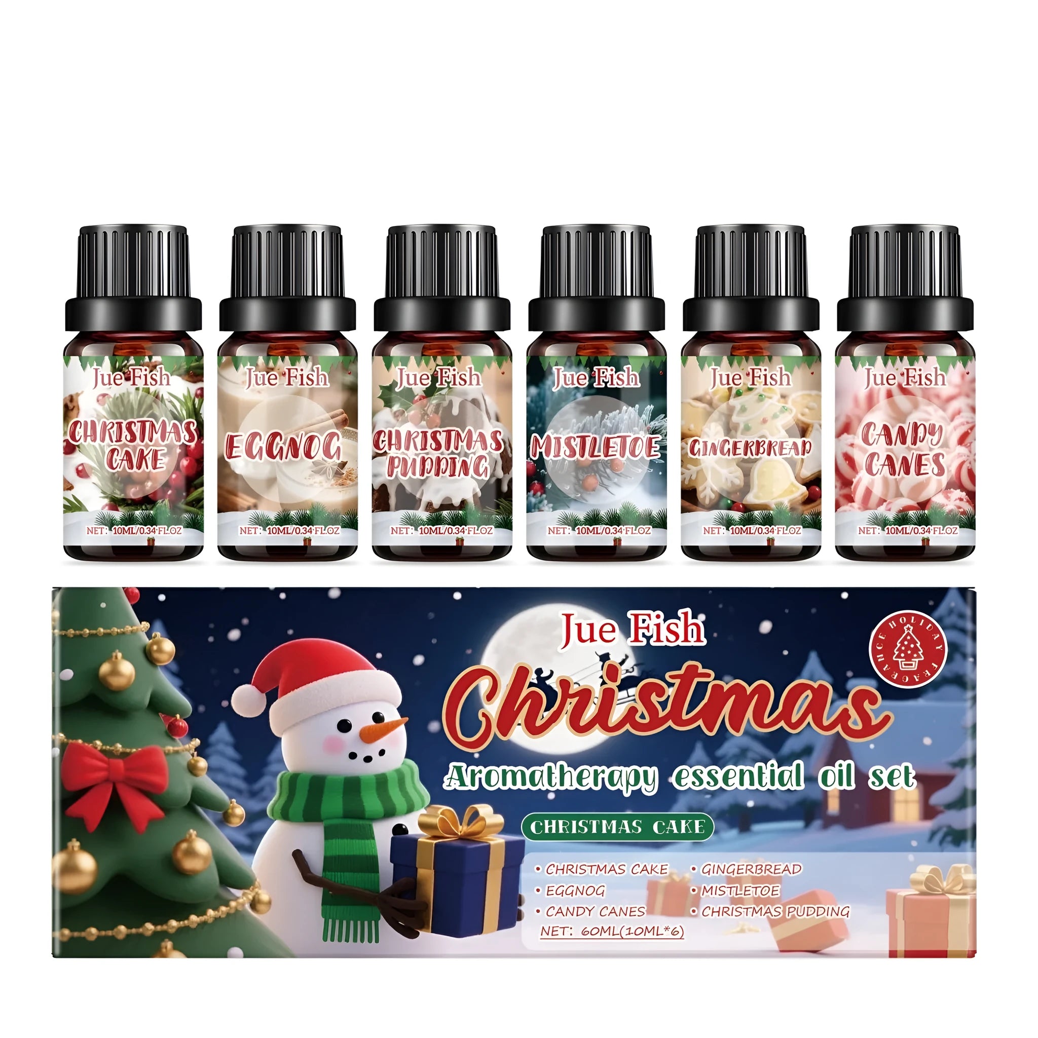 Christmas aromatherapy essential oil set with six 10ml bottles of festive fragrances
