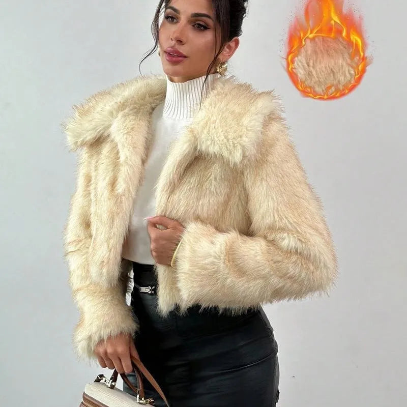 Women's short black and white artificial fur coat with a large fur collar, shown in a cute style pose.