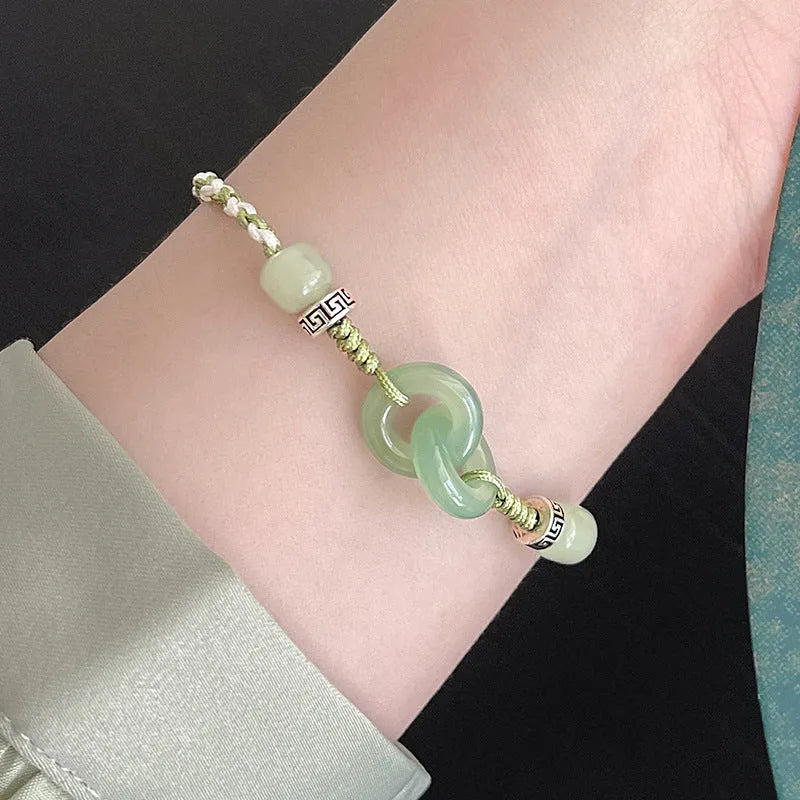 Green copper women's bracelet with peace buckle, jade double rings and animal zodiac ethnic design