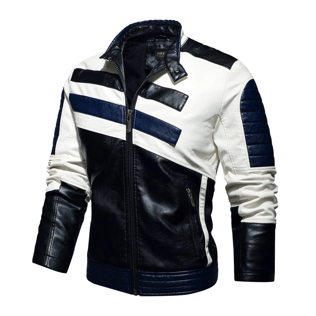 Men's stand collar bomber jacket with patchwork pattern, full zip, and pockets, available in Black, Blue, Red