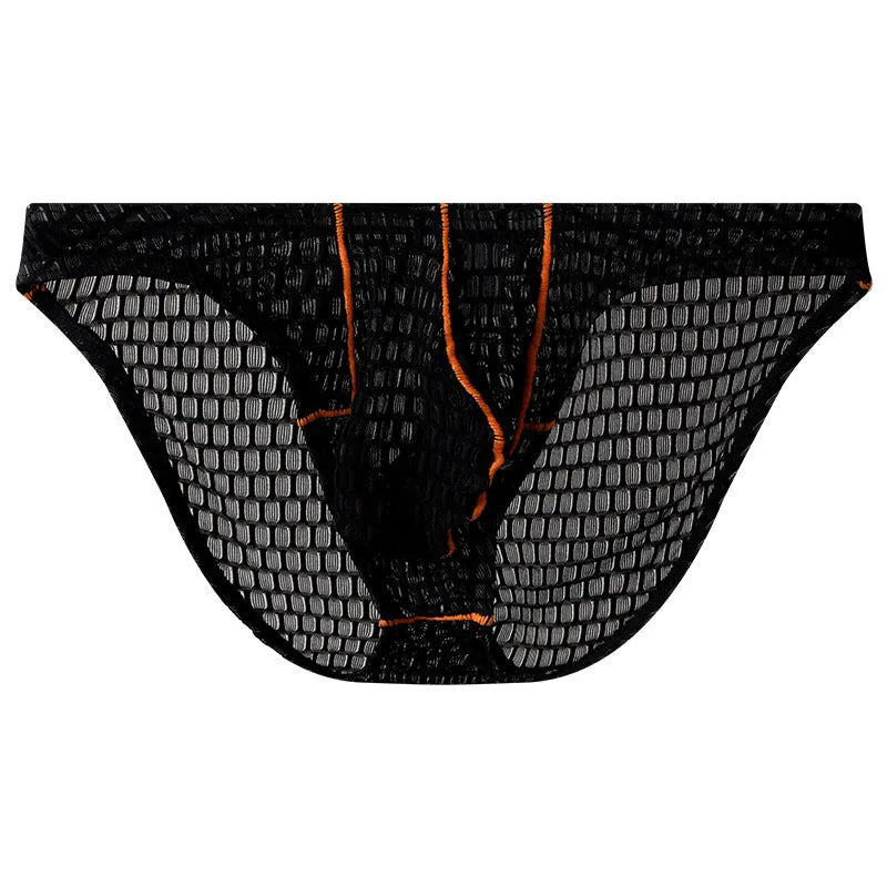Men's low waist briefs in ice silk lace fabric on a solid background, showing the sports design.