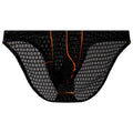 Men's low waist briefs in ice silk lace fabric on a solid background, showing the sports design.