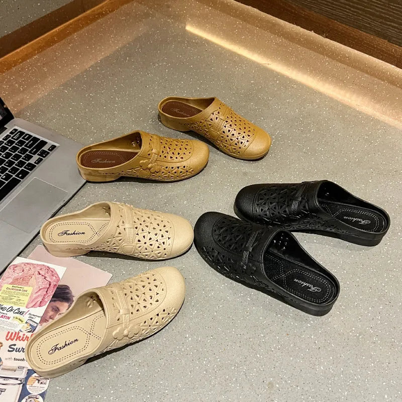 PVC fairy style half slippers with hollow-out design in apricot colour