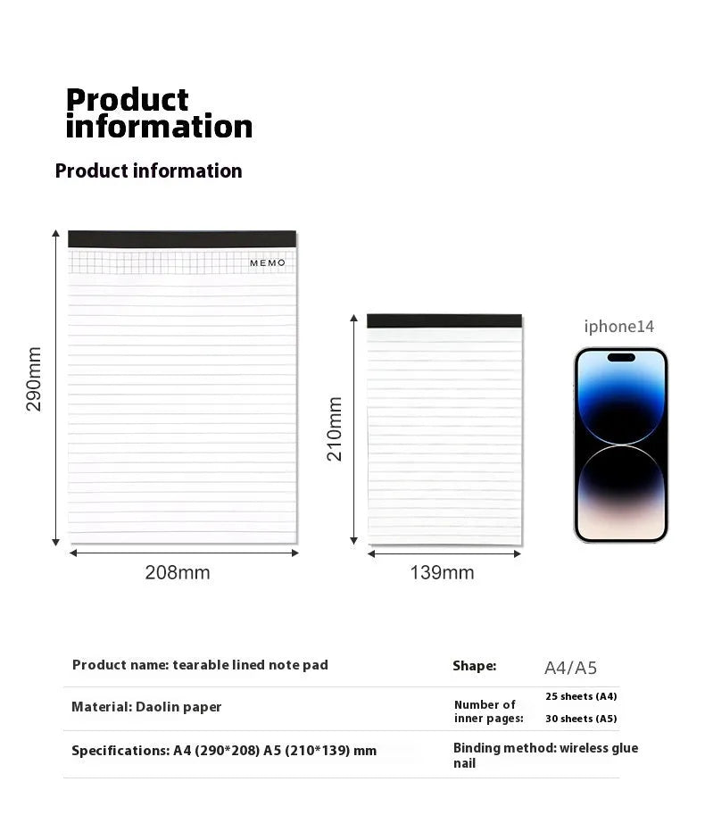 A4 tearable grid notebook with a paper cover, lying open to show ivory pages and wireless binding.