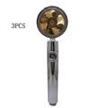 Blue handheld shower head with stop button and turbo nozzle on a chrome bracket.