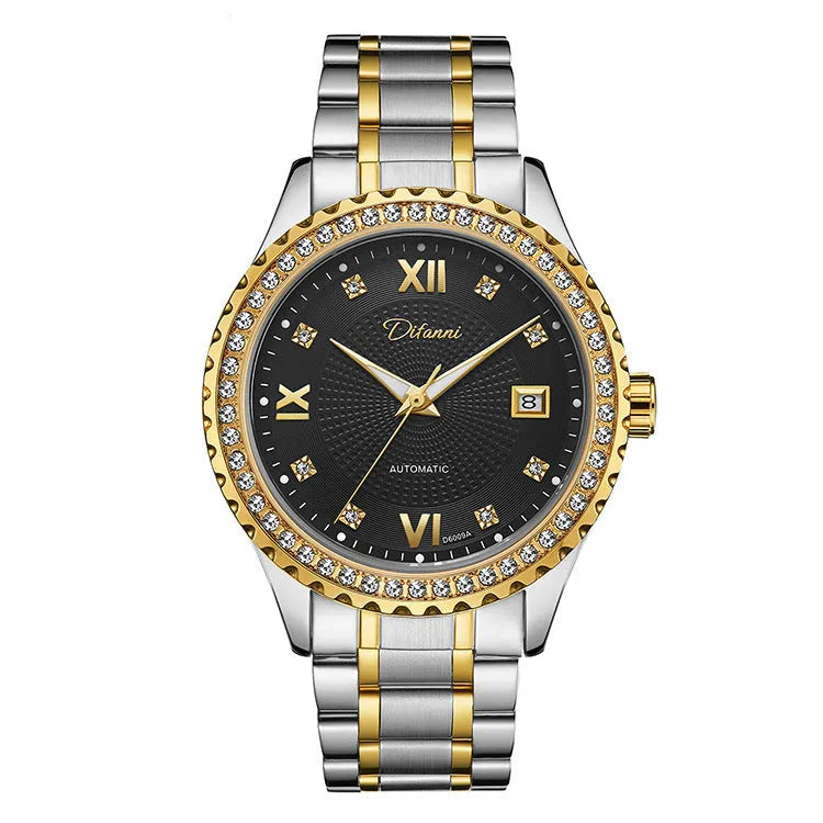 Fashionmonger men's gold automatic mechanical watch with black dial and luminous hands on a metal bracelet.