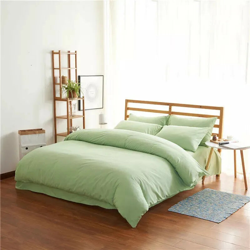 Modern simple style 4-piece bedding set for a 2m bed in twill weave fabric, shown in one of seven colour options.