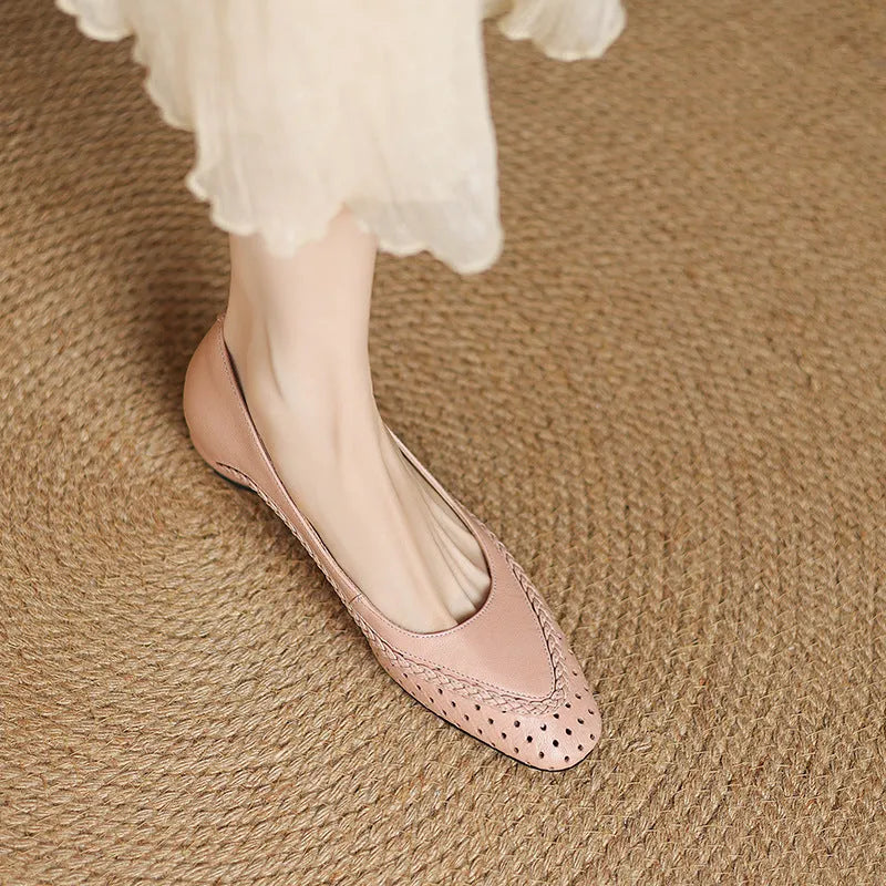 Women's light blue hollow-out mid heel sandals with round toe and sheepskin upper