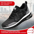 Black men's low-top safety work shoes with a steel toe cap and breathable mesh upper.