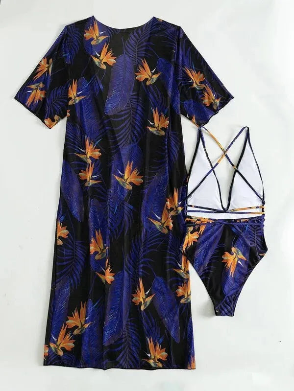 Women's three piece swimsuit set with bikini one-piece and matching coat in polyester fabric