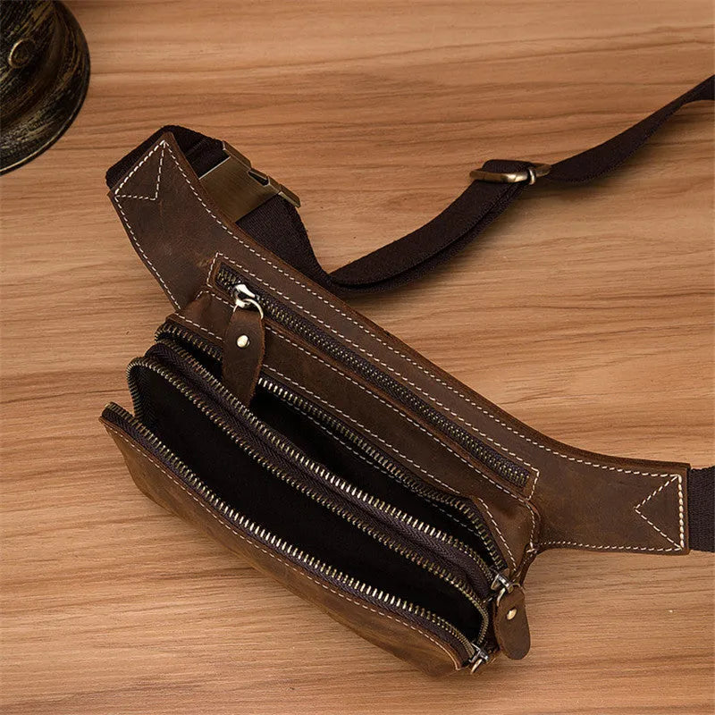 Brown men's sports waist bag made from top layer cowhide leather with pull closure