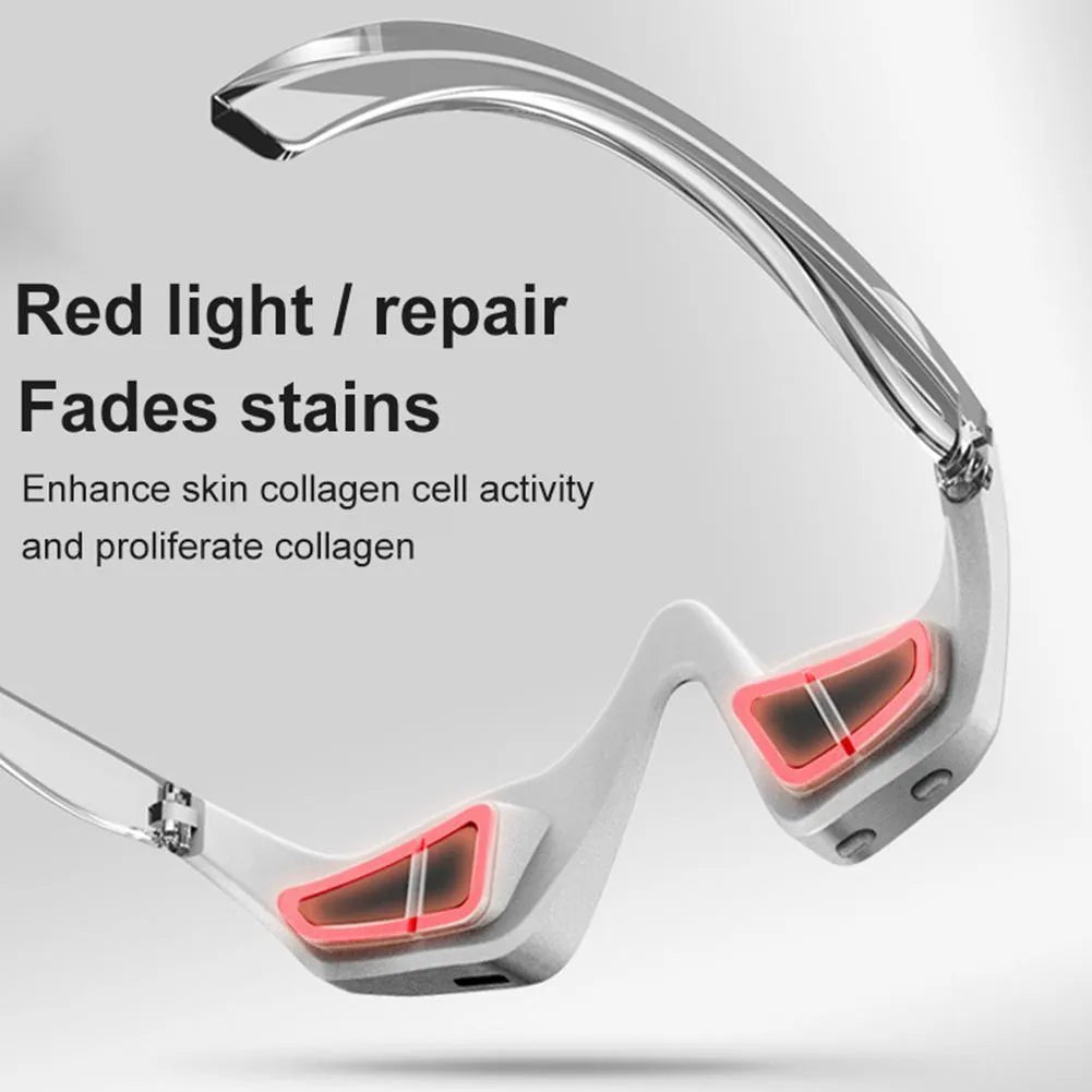 Pink and white 3D micro-current eye massager with glasses-style design on a grey background.