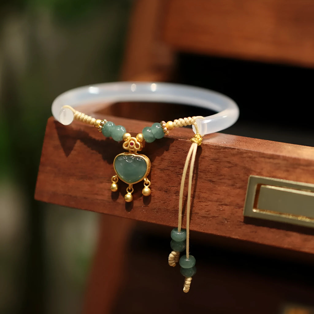 White agate chalcedony half bracelet with blue water lock blessing detail, Chinese style women's jewellery
