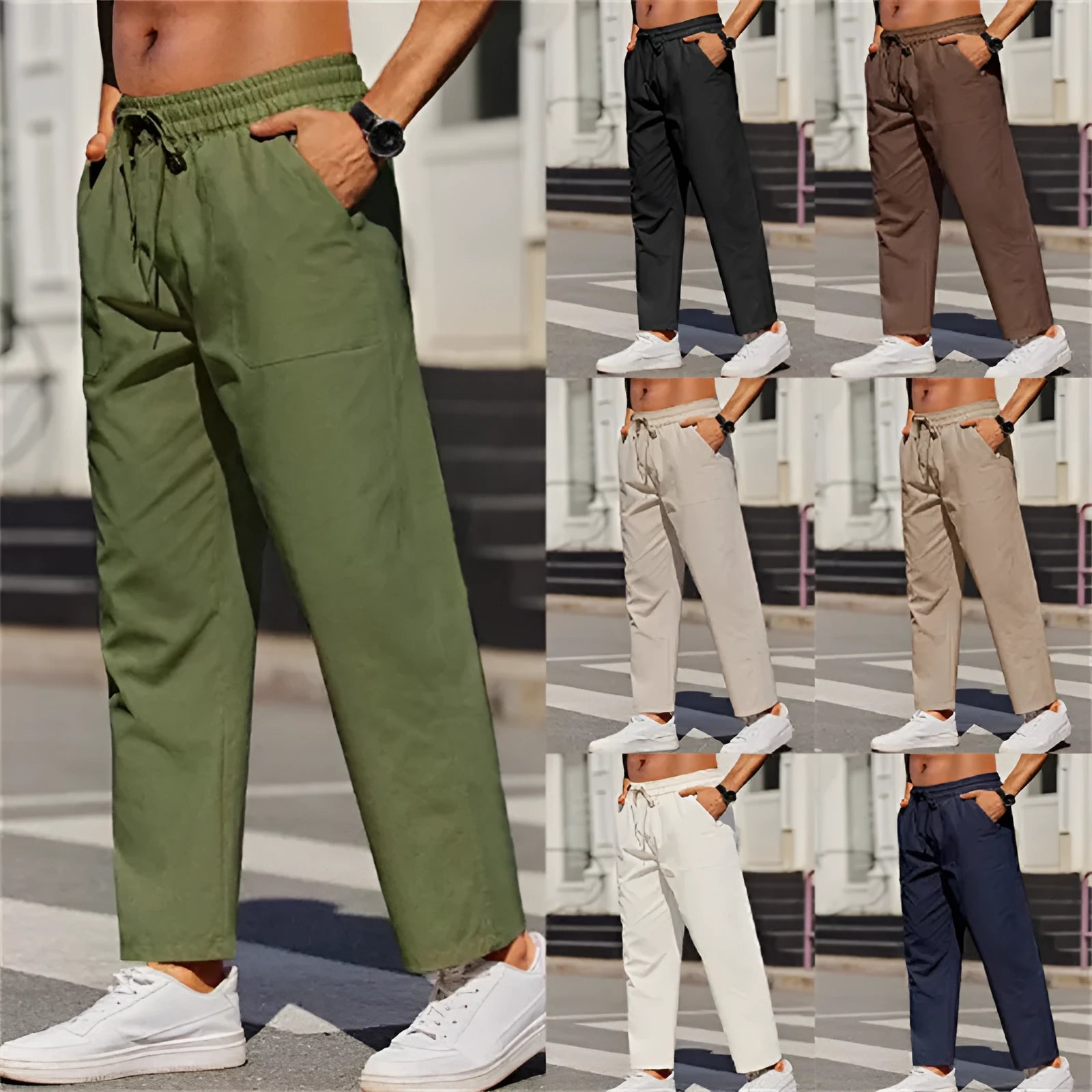 Men's straight-leg linen casual trousers in apricot colour with an elastic waistband