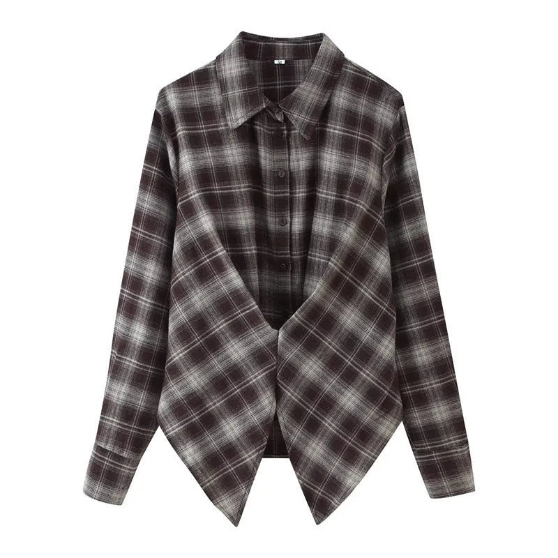 Women's loose lapels long sleeves plaid shirt in picture colour with button detail and plant flower pattern