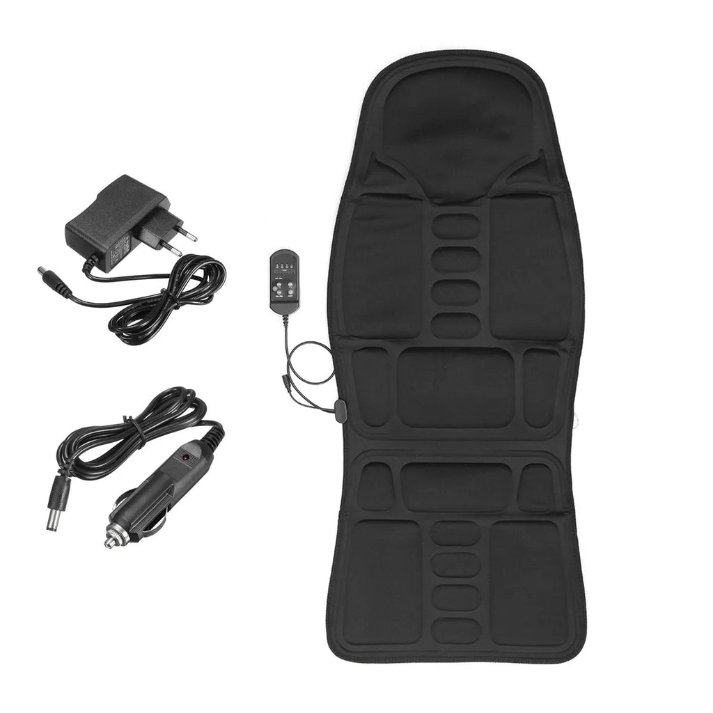 Car massage cushion with handheld remote, luxury fabric, rectangular trapezoid shape, 5 motors for neck, back, waist, and leg relief