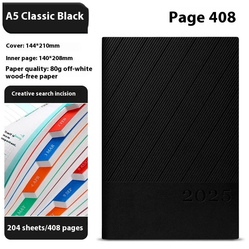 Business notepad with striped PU leather cover showing 204 sheet capacity and wood-free paper