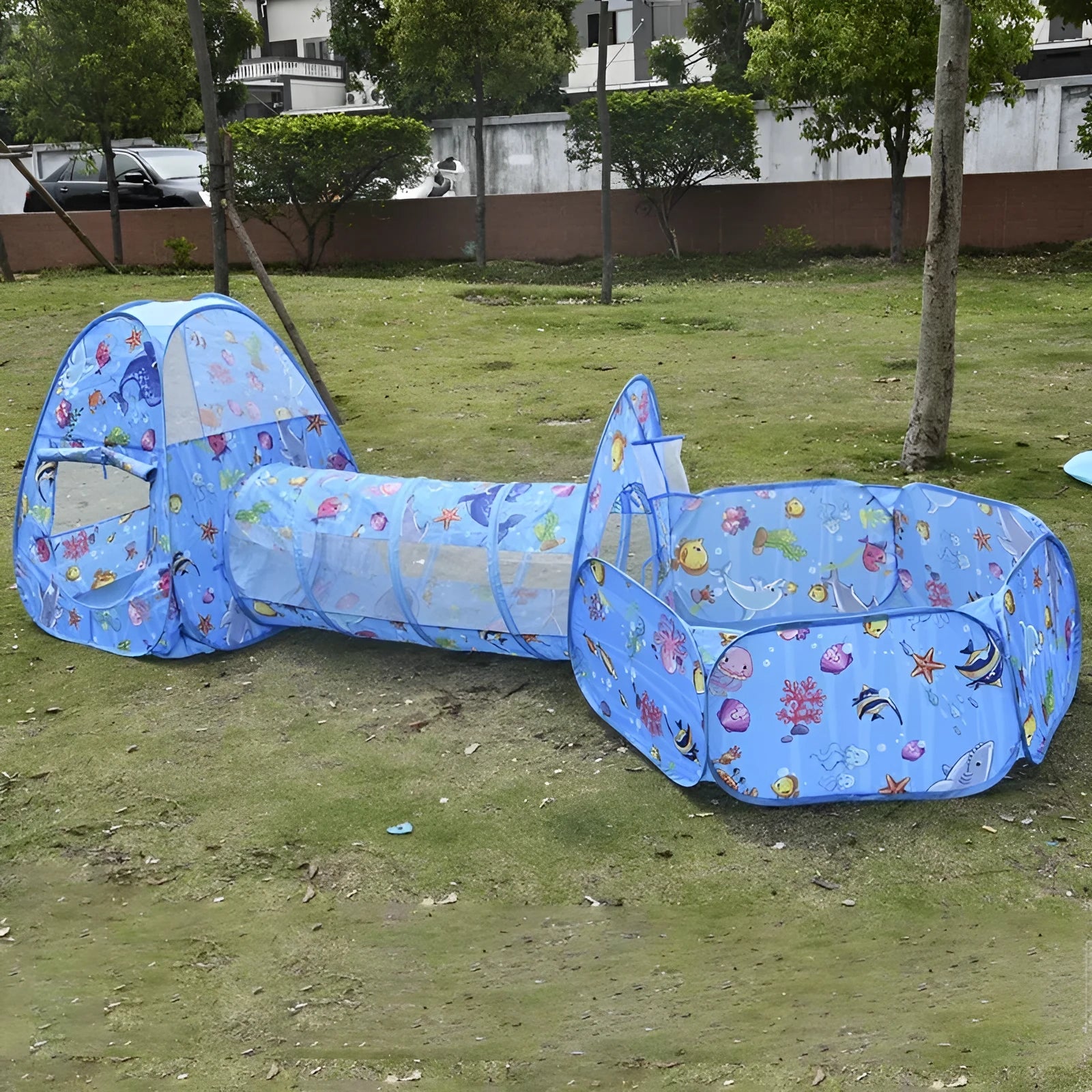 Three-in-one children's play tent set with inflatable ball pool and connecting tunnel in cartoon marine design