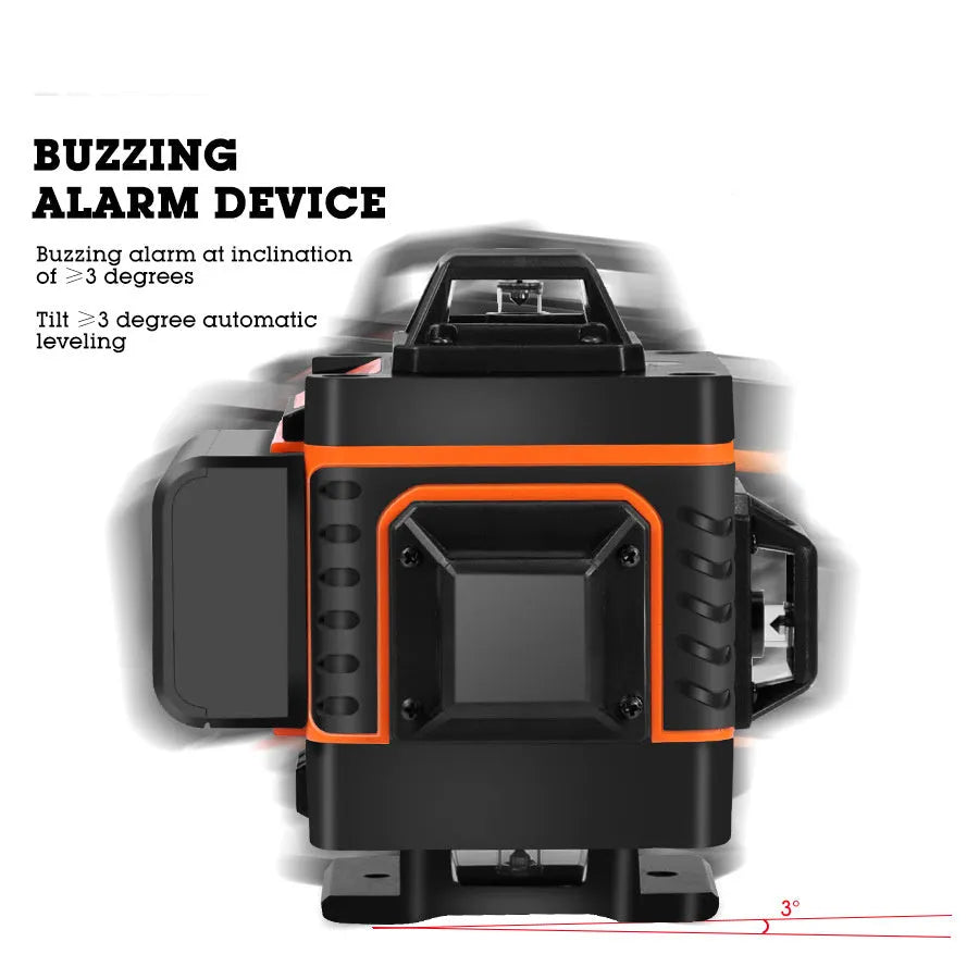 Rotating laser level tool projecting 16-line pattern for wall alignment with green/orange laser options