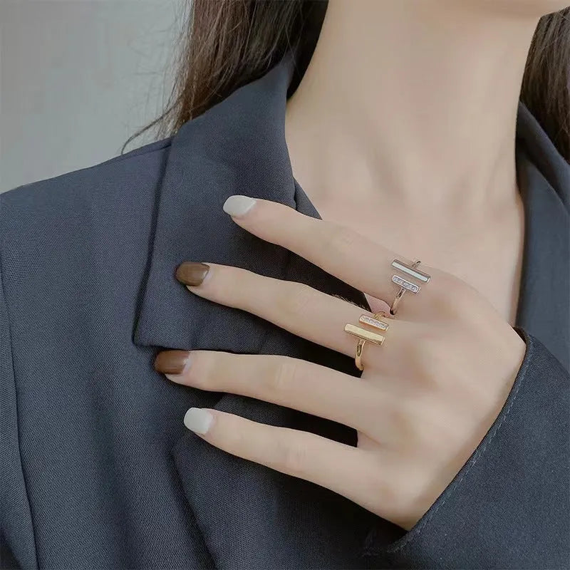 Double T open adjustable ring for women in gold or platinum colour, copper plated minimalist style