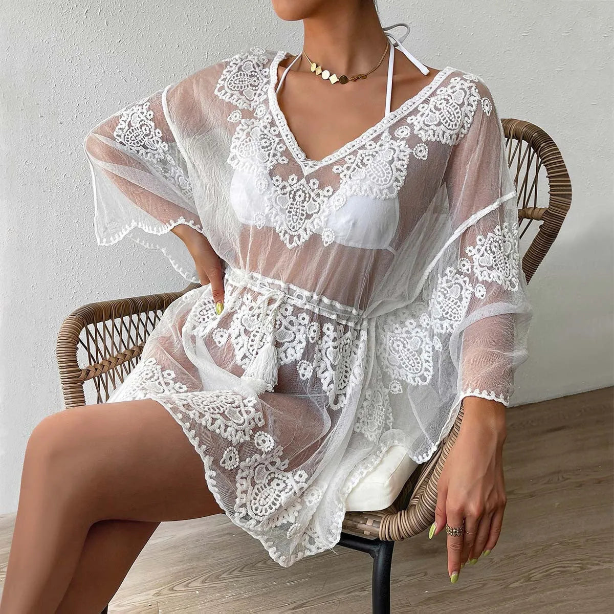 White polyester beach blouse for women, free size, with lining for swimming and sun protection