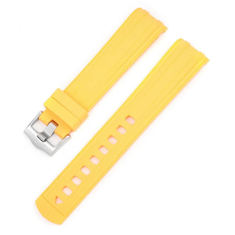 20mm Apple Watch replacement strap in multiple colours with silver buckle, shown fitting a watch.