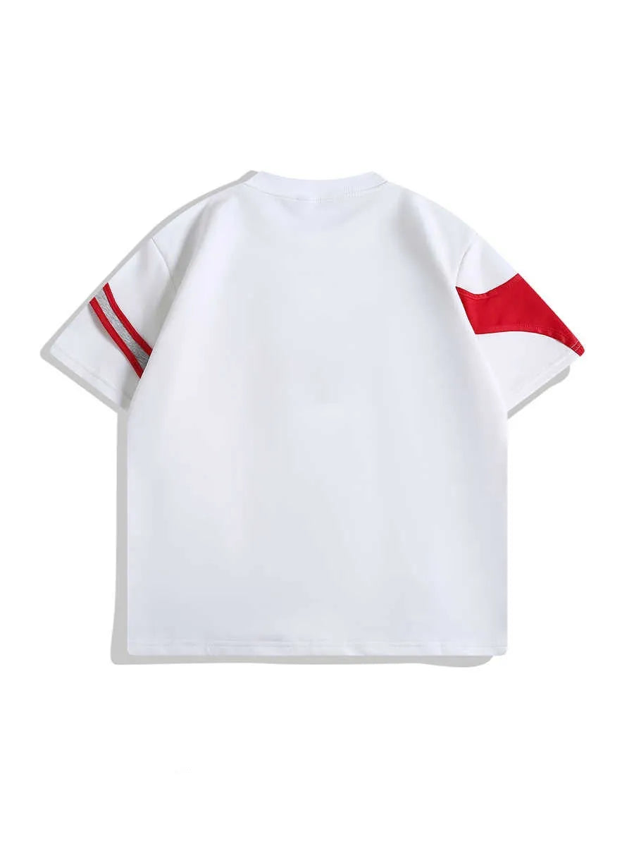 Black men's loose T-shirt with a padded shoulder strap detail and double stitching.
