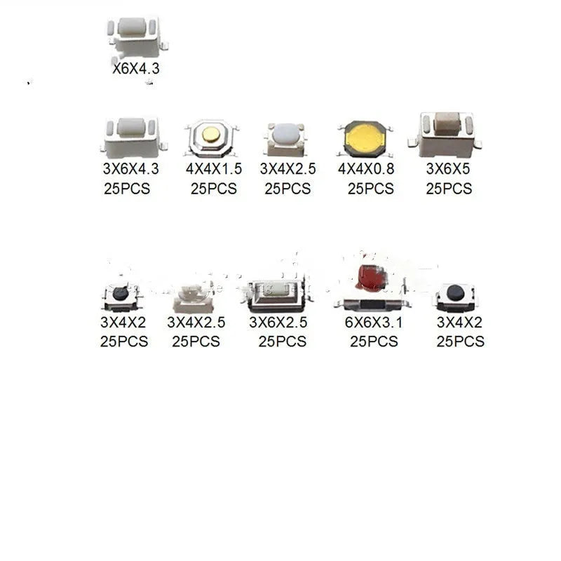 Box containing 250 silver SMT tactile push button switches for surface mount soldering onto circuit boards.