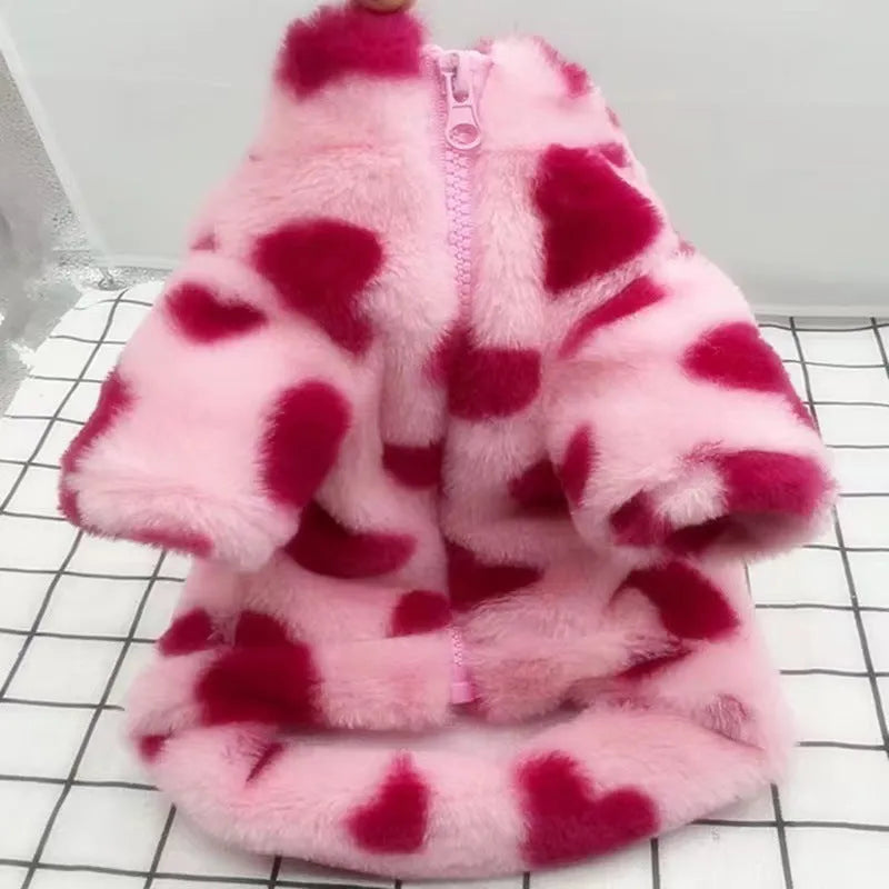 Pink polyester plush warm coat for small dog on white background showing British styling