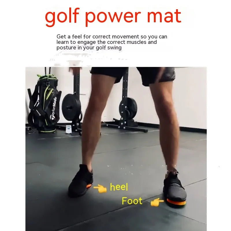 Orange golf centre of gravity training mat on practice surface