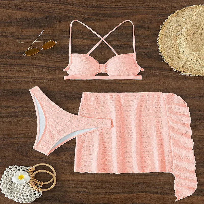 Women's lace-up bikini three-piece swimsuit set with skirt in light pink or rose red colours