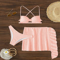 Women's lace-up bikini three-piece swimsuit set with skirt in light pink or rose red colours