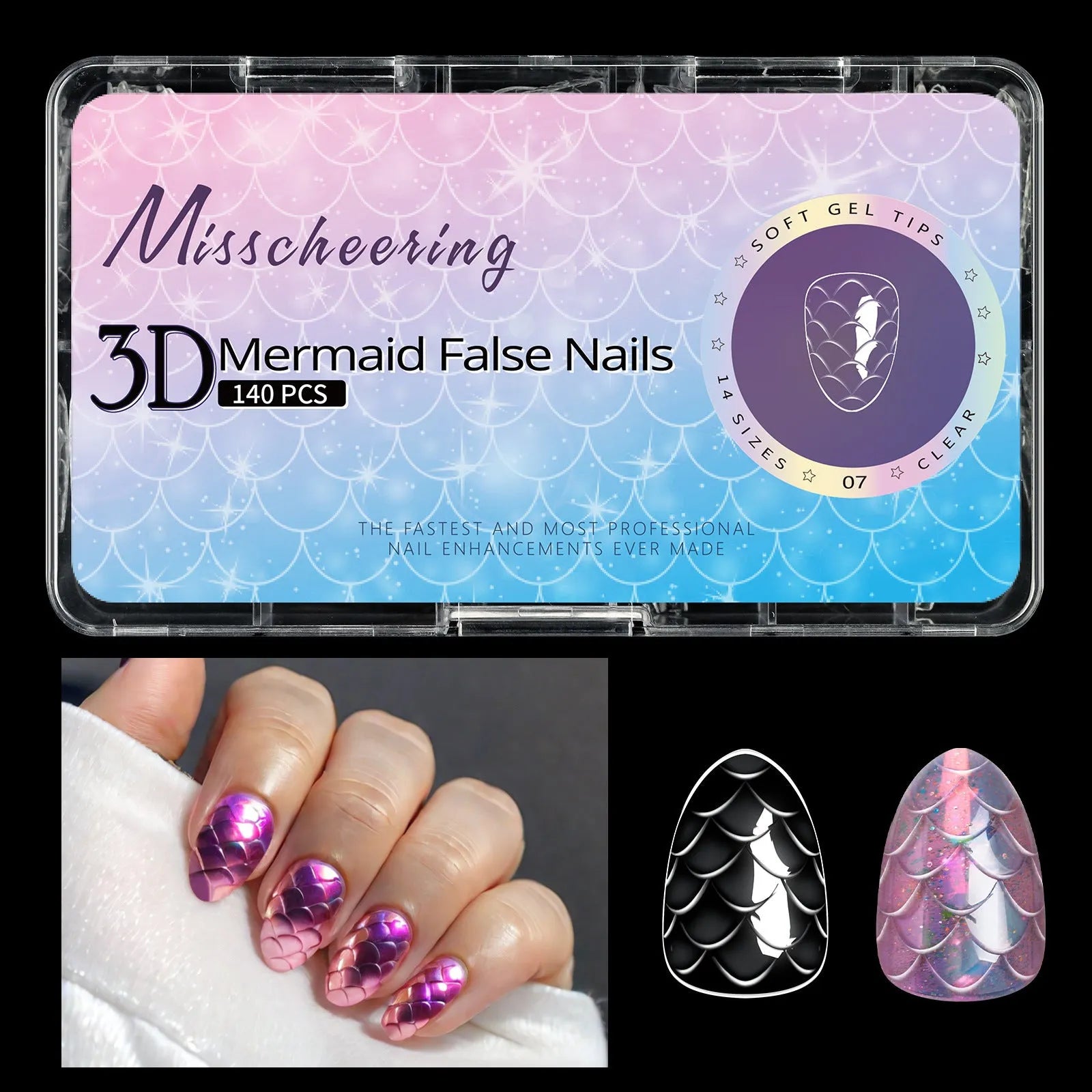 Box of 3D scale long shaping artificial nail tips in one of seven Frigate Box colour options.