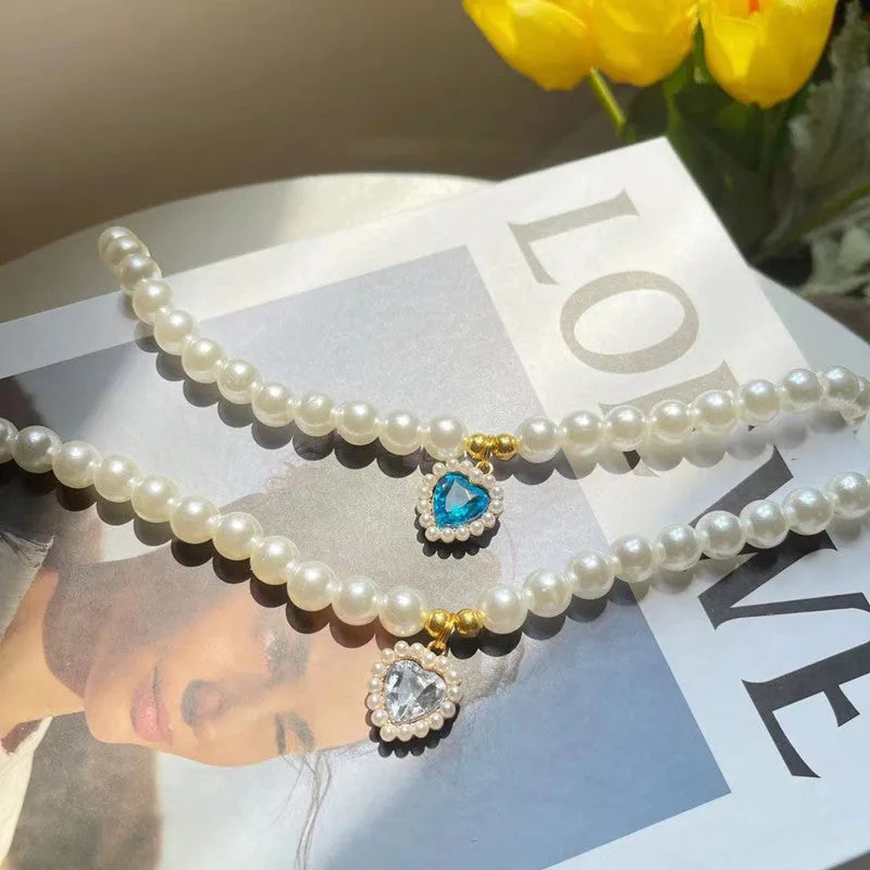 Retro love crystal pendant pet necklace with imitation pearl beads on a cat, available in multiple colours and sizes S, M, L