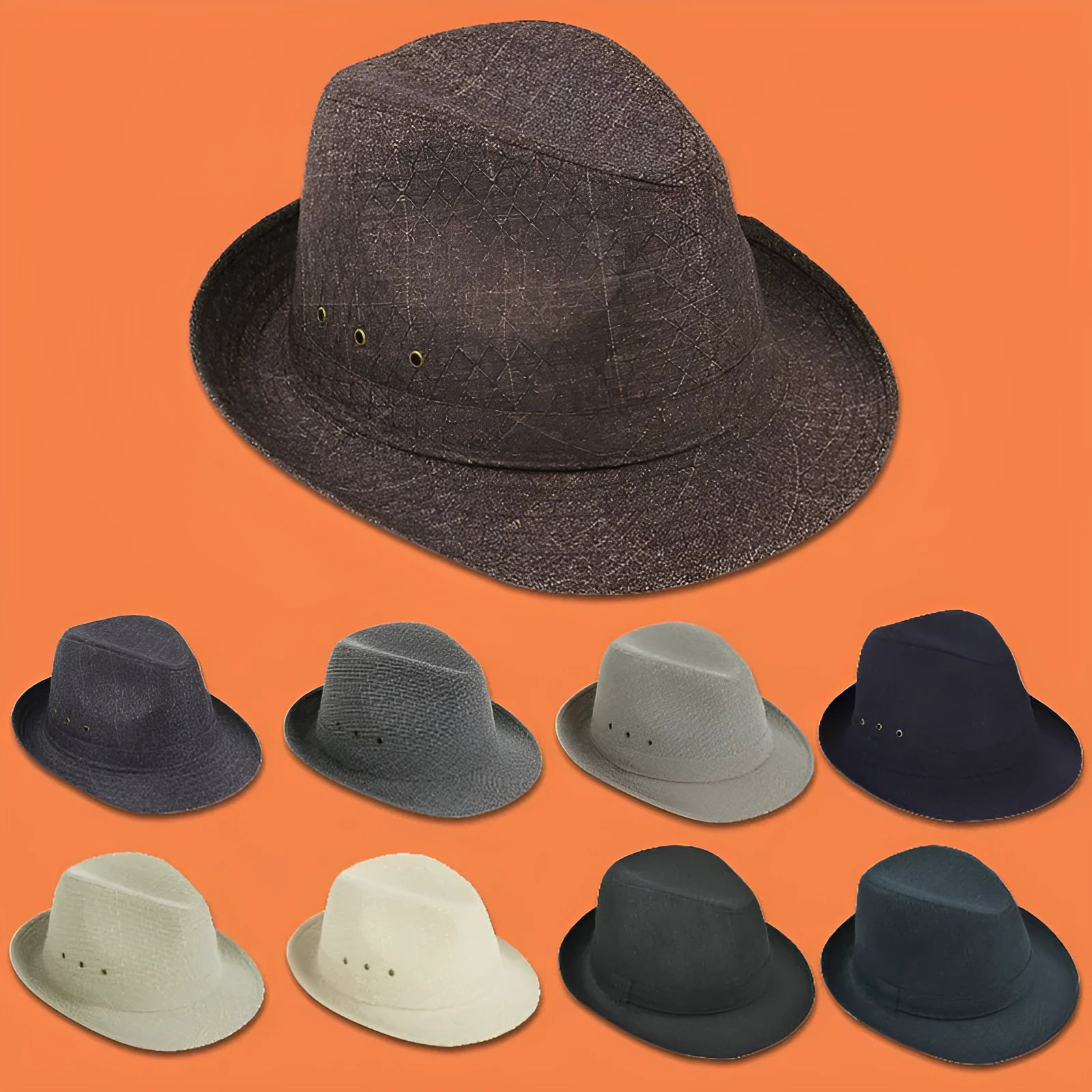 Classic brown fedora hat with pinched crown and 6cm brim, shown on a wooden table.