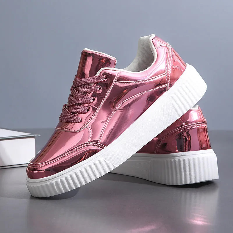 Rose gold sequin platform sneakers with round toe and thick MD sole on size label background