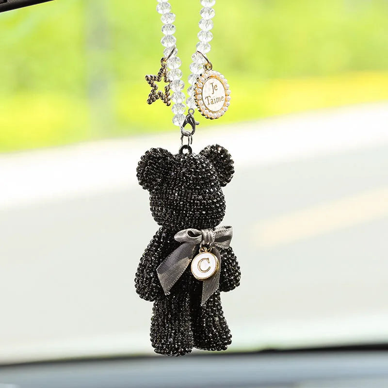 Violent bear car rearview mirror pendant with crystal rhinestones in black, white, and pastel colours