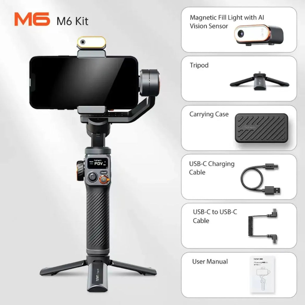 Black three-axis smartphone stabiliser with attached AI fill light on a tripod