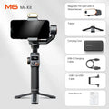 Black three-axis smartphone stabiliser with attached AI fill light on a tripod