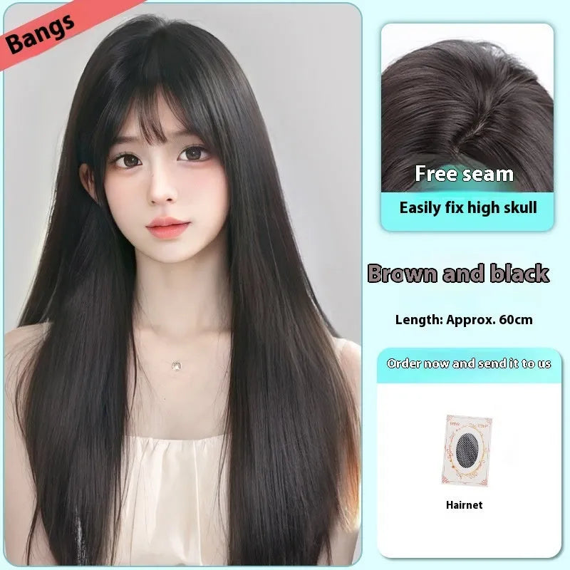 Female full-head wig with forehead lace construction in brown black colour with long straight styling