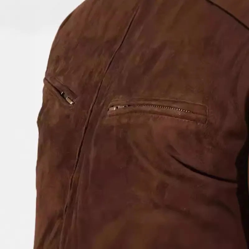Vintage brown suede jacket for men with front zipper and size stick pockets, long sleeves, and straight hem.