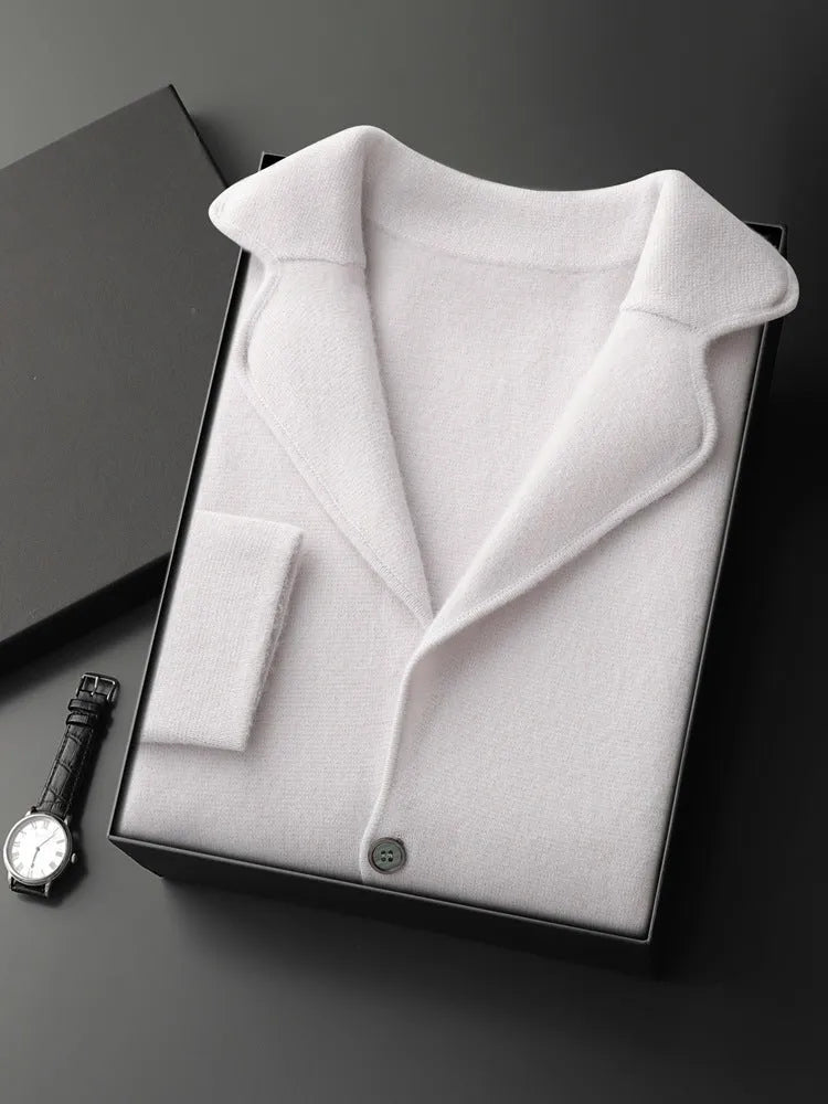 Men's cashmere cardigan knitted jacket in loose fit casual style showing colour options