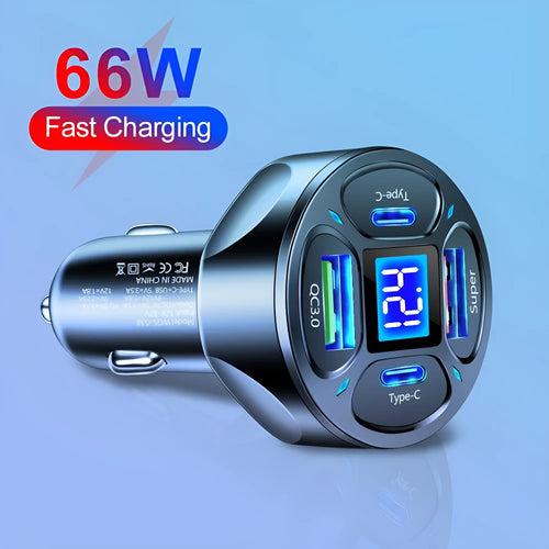 66W digital display car charger with 2USB and 2Type-C ports for fast charging