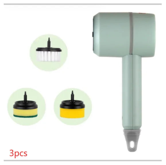 Green electric cleaning brush with three interchangeable scouring pad, brush, and sponge heads on a white background.