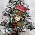 Set of three large red, white, and brown Christmas stockings featuring 3D Santa, Snowman, and Reindeer designs with hanging loops
