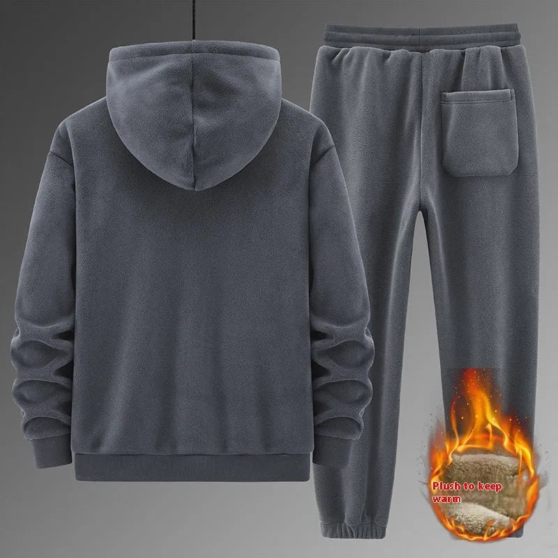 Grey cashmere hooded sweater and matching cotton pants casual sports set laid flat