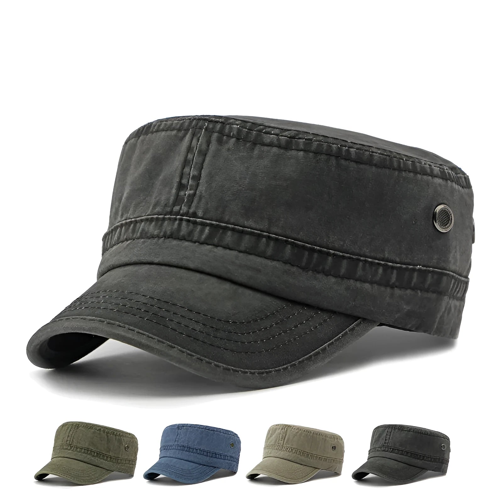 Flat top military cap in cotton fabric with adjustable strap and four colour options