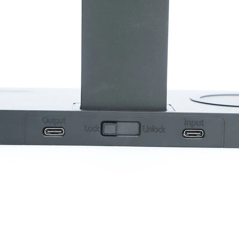 Black multi-device wireless charging station for phone, watch and headset with LED indicators