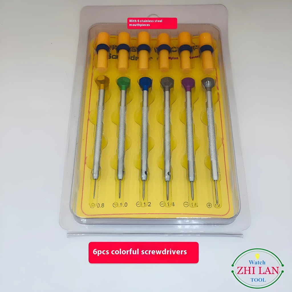 Six colour-coded aluminium-handle screwdrivers for watch repair arranged in set
