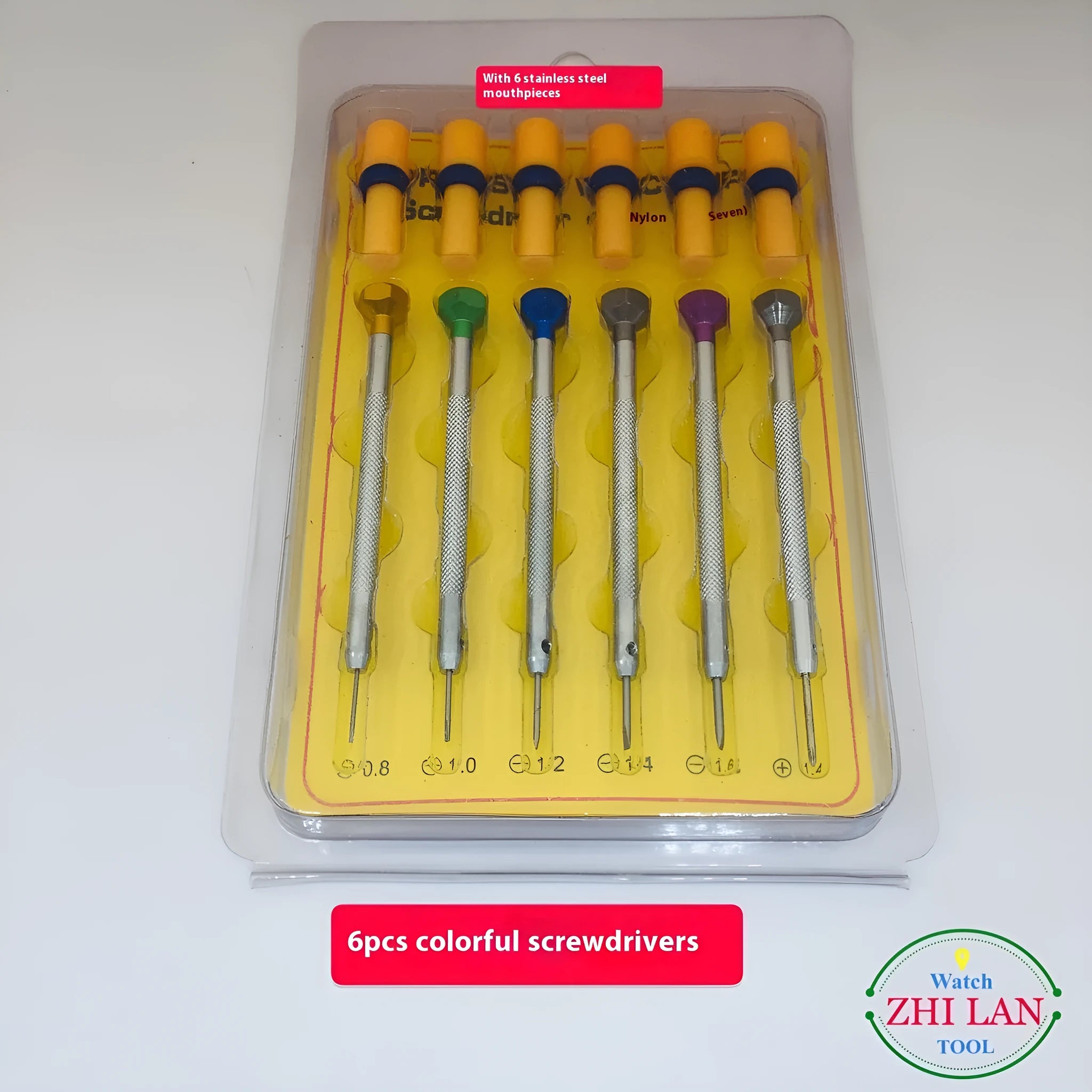 Six colour-coded aluminium-handle screwdrivers for watch repair arranged in set